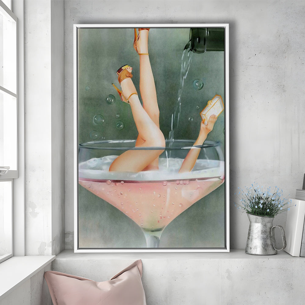 Woman in Champagne Glass, Bar Cart Print, Cocktail Print, Vintage Bar , Floating Framed Canvas Print