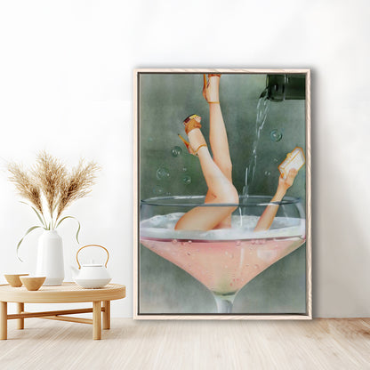 Woman in Champagne Glass, Bar Cart Print, Cocktail Print, Vintage Bar , Floating Framed Canvas Print