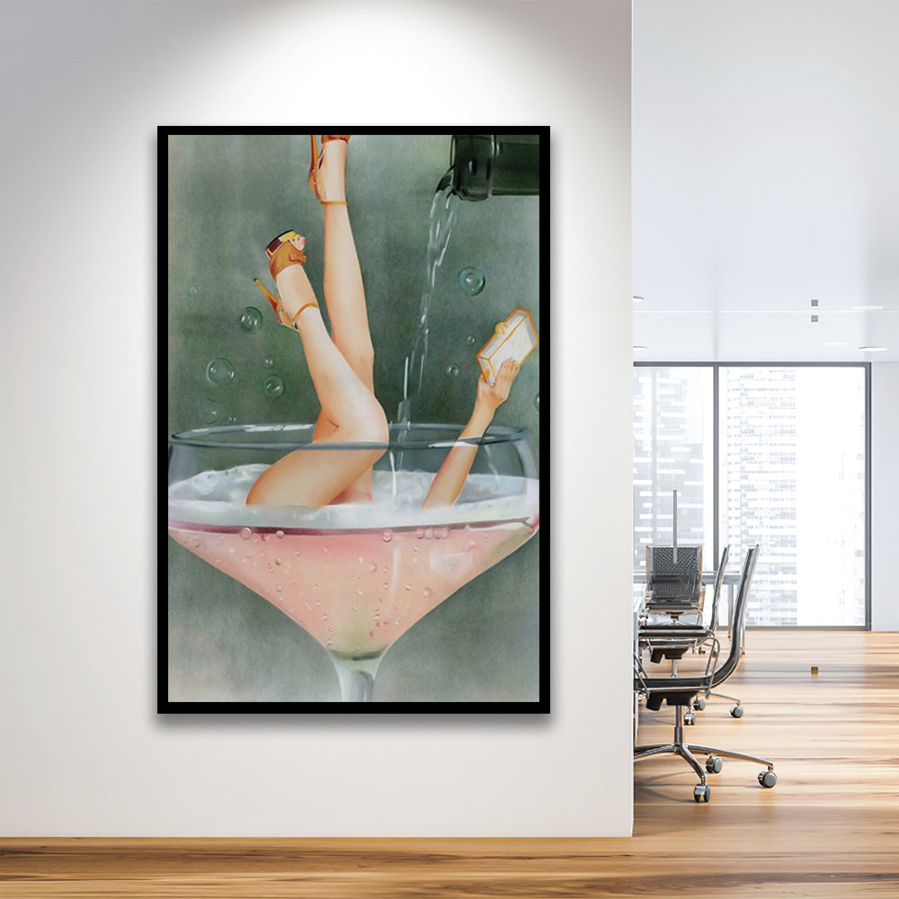 Woman in Champagne Glass, Bar Cart Print, Funky Wall Art, Cocktail Print, Vintage Bar , Framed Art Print Wall Decor
