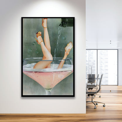 Woman in Champagne Glass, Bar Cart Print, Funky Wall Art, Cocktail Print, Vintage Bar , Framed Art Print Wall Decor