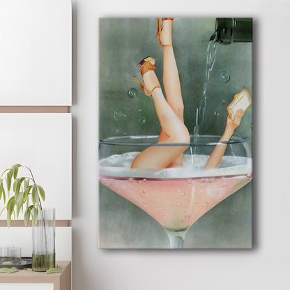 Woman in Champagne Glass, Vintage Bar Cart Print, Funky Wall Art, Cocktail Print, Canvas Print Wall Art
