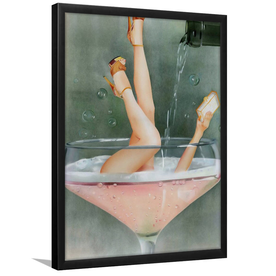 Woman in Champagne Glass, Bar Cart Print, Funky Wall Art, Cocktail Print, Vintage Bar , Framed Art Print Wall Decor