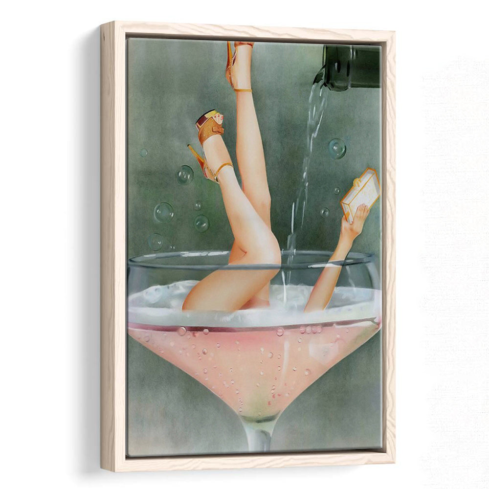 Woman in Champagne Glass, Bar Cart Print, Cocktail Print, Vintage Bar , Floating Framed Canvas Print