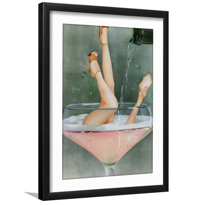 Woman in Champagne Glass, Bar Cart Print, Funky Wall Art, Cocktail Print, Framed Art Print White Border Wall Decor