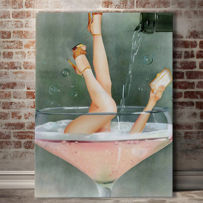 Woman in Champagne Glass, Vintage Bar Cart Print, Funky Wall Art, Cocktail Print, Canvas Print Wall Art