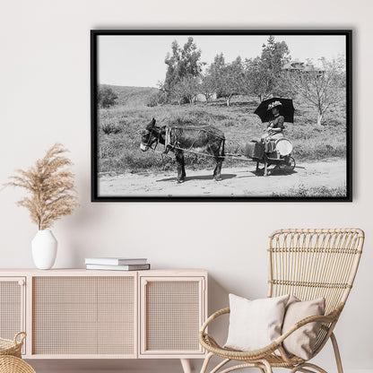 Woman in Donkey Cart Victorian Woman Photo Black and White Art, Floating Framed Canvas Print