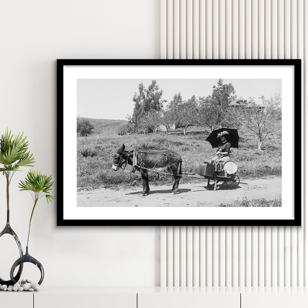 Woman in Donkey Cart Victorian Woman Photo Black and White Art, Framed Art Print White Border Wall Decor