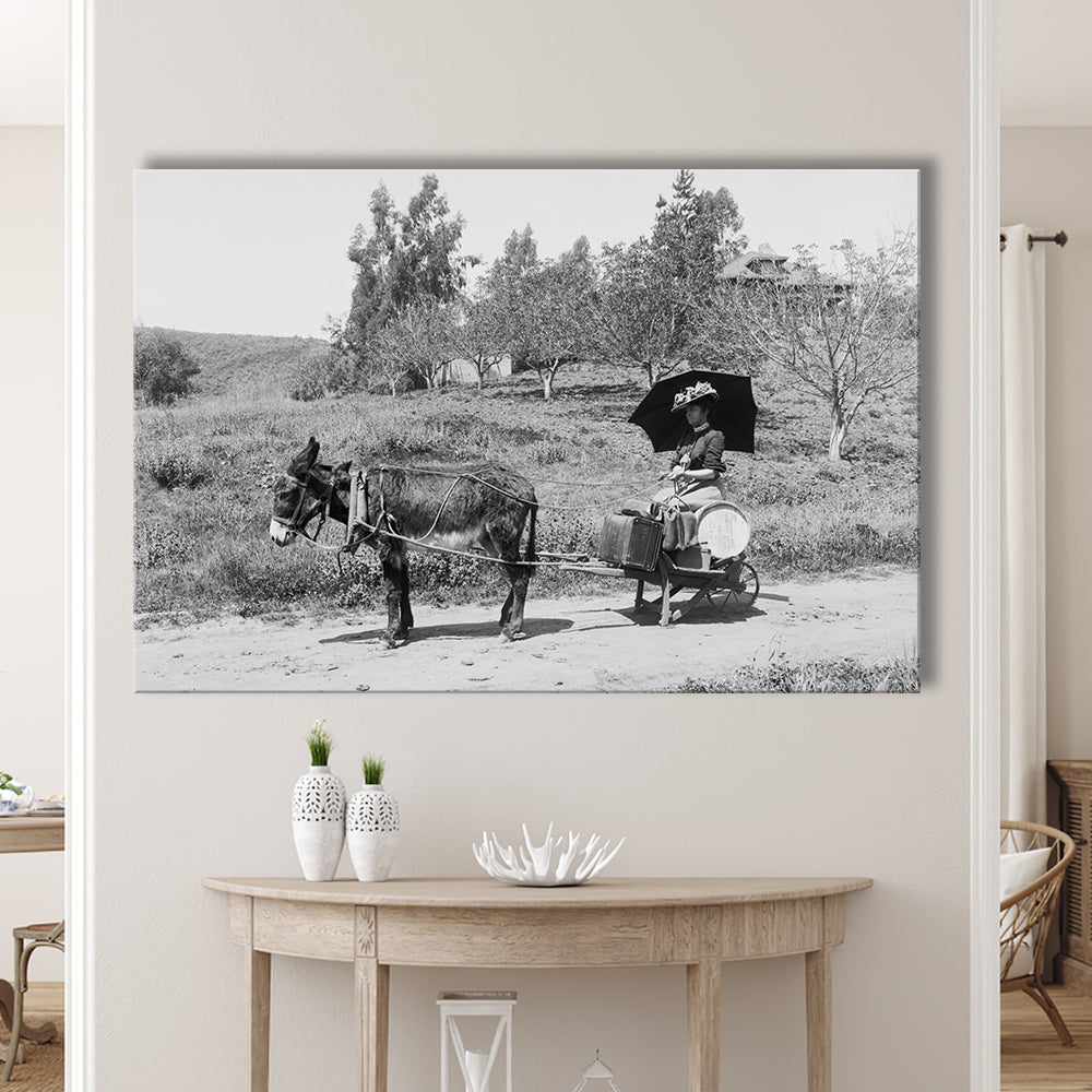 Woman in Donkey Cart Victorian Woman Photo Black and White Art, Canvas Print Wall Art Decor