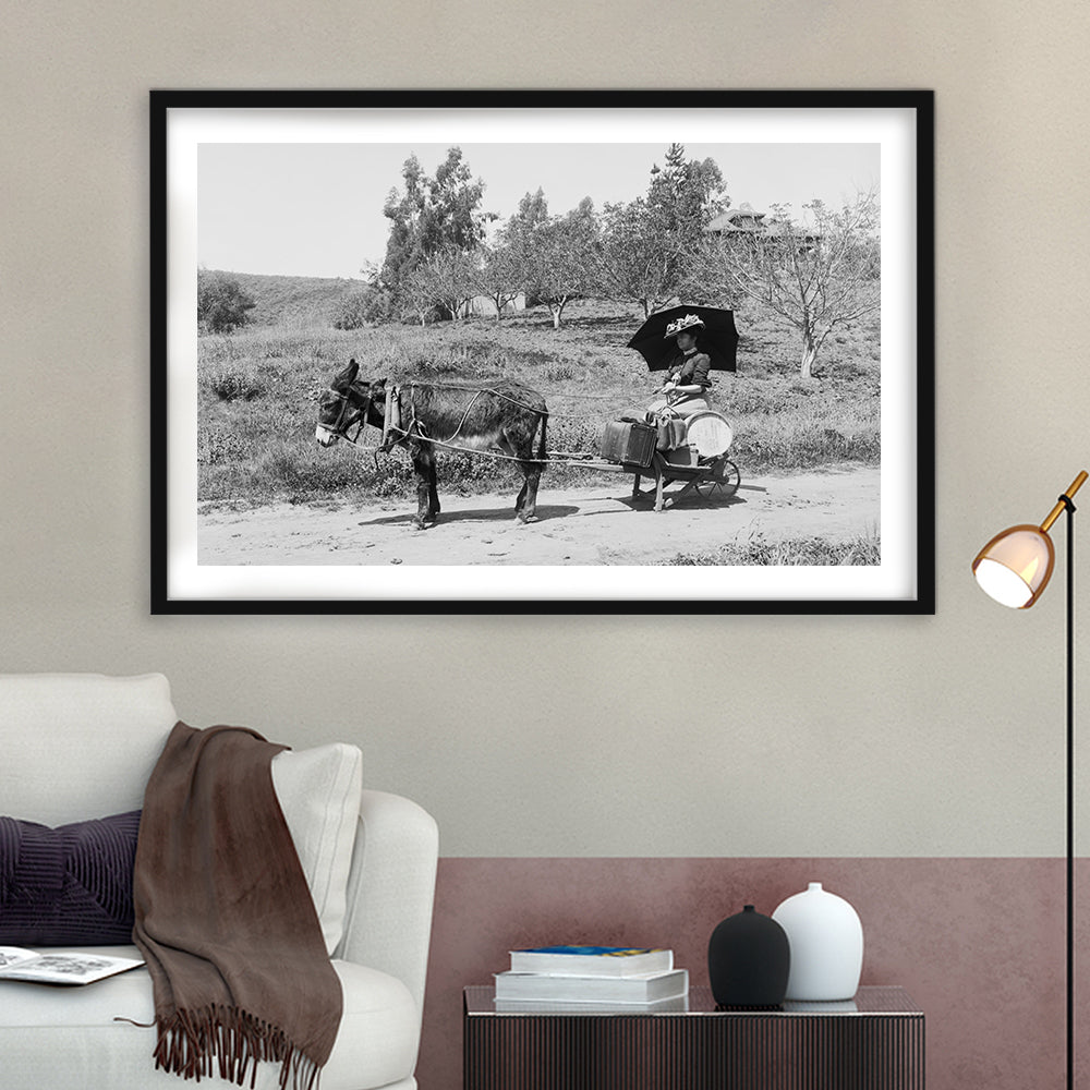 Woman in Donkey Cart Victorian Woman Photo Black and White Art, Framed Art Print White Border Wall Decor