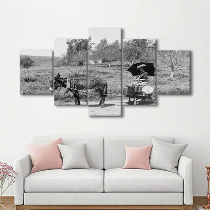 Woman in Donkey Cart Victorian Woman Photo Black and White Art, Mixed 5 Pieces Canvas Print