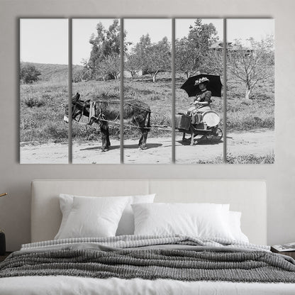 Woman in Donkey Cart Victorian Woman Photo Black and White Art, 5 Pieces Large Canvas Print