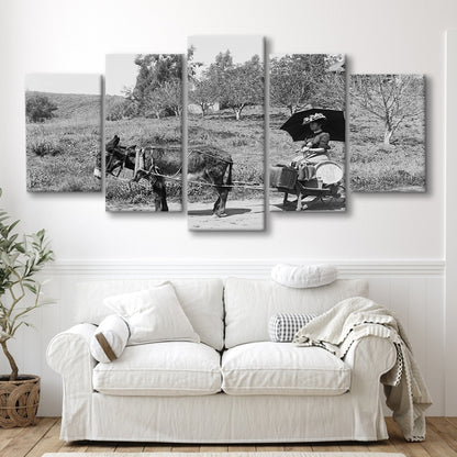 Woman in Donkey Cart Victorian Woman Photo Black and White Art, Mixed 5 Pieces Canvas Print