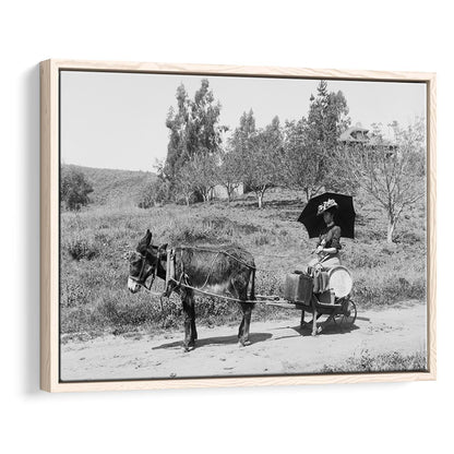 Woman in Donkey Cart Victorian Woman Photo Black and White Art, Floating Framed Canvas Print