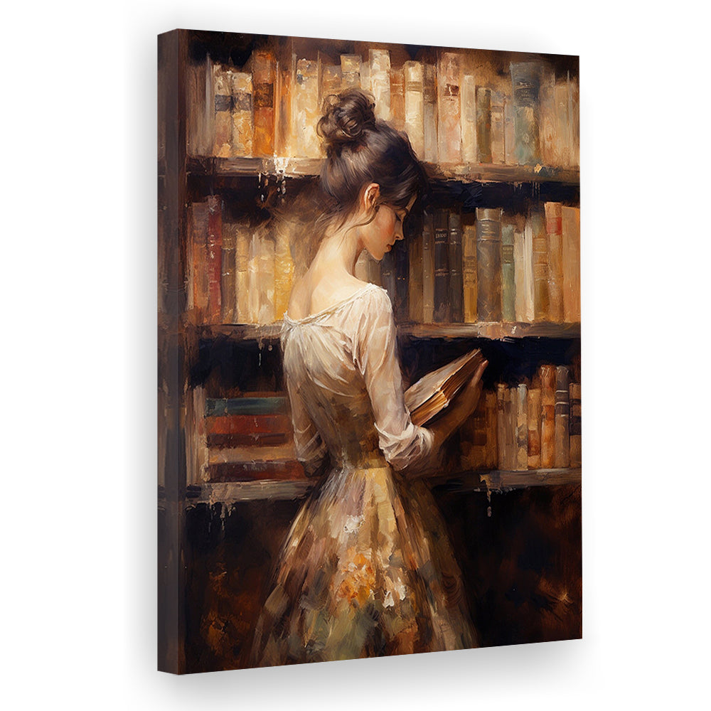 Woman in Library Oil Painting Old Books Vintage Style Art Study, Canvas Print Wall Art, Wall Decor, Painting Canvas