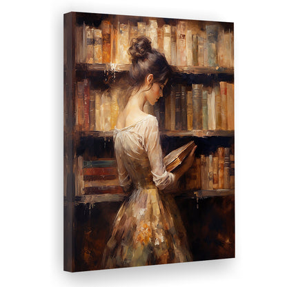 Woman in Library Oil Painting Old Books Vintage Style Art Study, Canvas Print Wall Art, Wall Decor, Painting Canvas