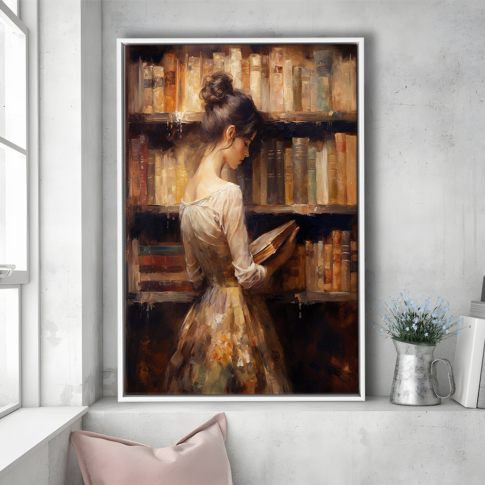 Woman in Library Oil Painting Old Books Vintage Style Art Study, Framed Canvas Print Wall Art, Floating Frame