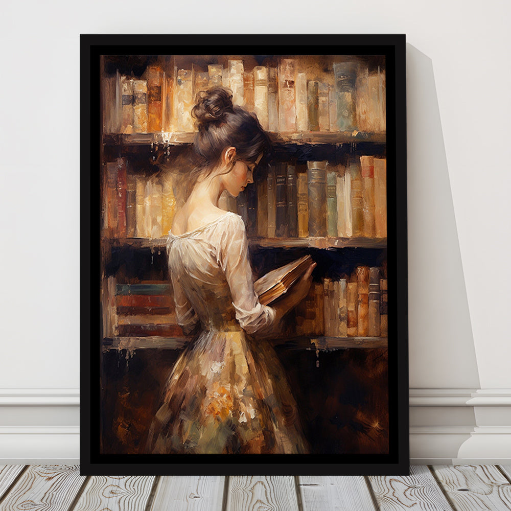 Woman in Library Oil Painting Old Books Vintage Style Art Study, Framed Canvas Print Wall Art, Floating Frame