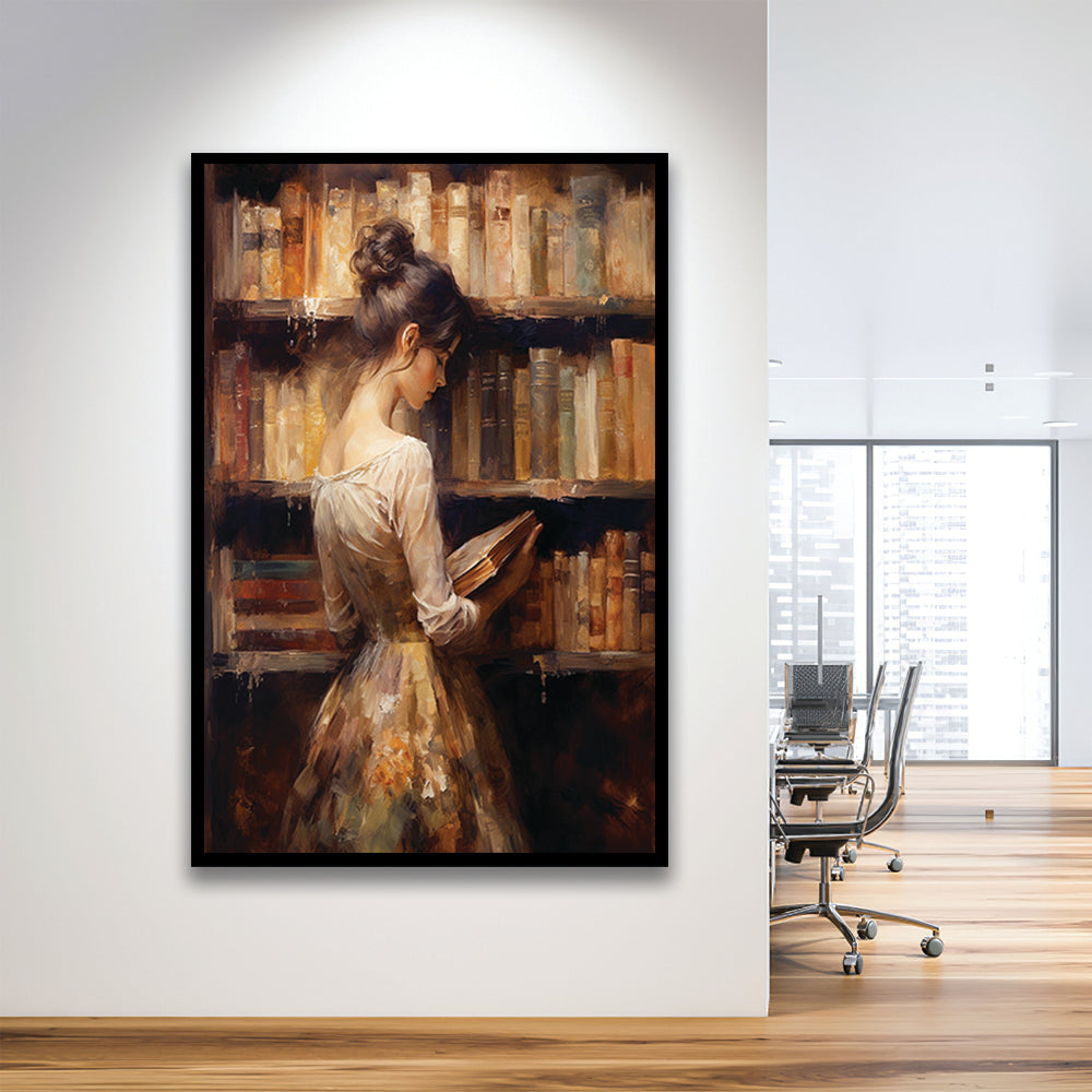 Woman in Library Oil Painting Old Books Vintage Style Art Study, Framed Art Print Wall Decor, Picture Framed