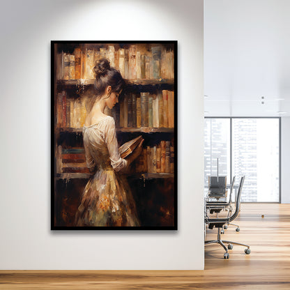 Woman in Library Oil Painting Old Books Vintage Style Art Study, Framed Art Print Wall Decor, Picture Framed