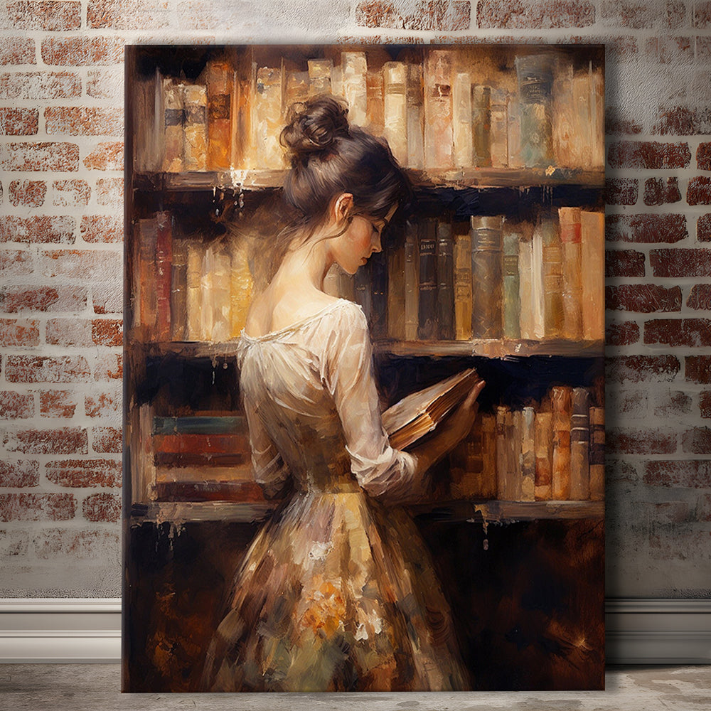 Woman in Library Oil Painting Old Books Vintage Style Art Study, Canvas Print Wall Art, Wall Decor, Painting Canvas