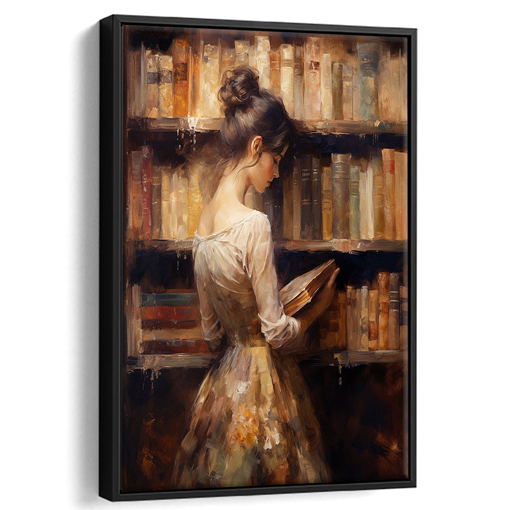 Woman in Library Oil Painting Old Books Vintage Style Art Study, Framed Canvas Print Wall Art, Floating Frame