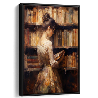 Woman in Library Oil Painting Old Books Vintage Style Art Study, Framed Canvas Print Wall Art, Floating Frame