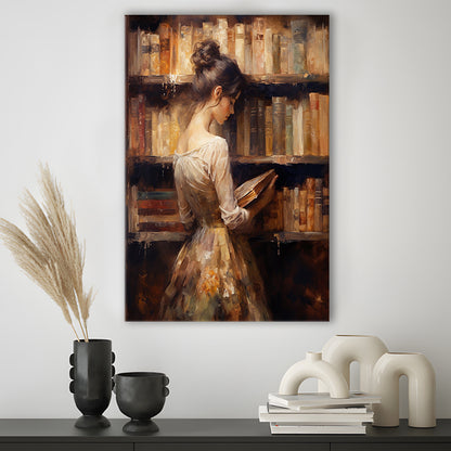 Woman in Library Oil Painting Old Books Vintage Style Art Study, Canvas Print Wall Art, Wall Decor, Painting Canvas