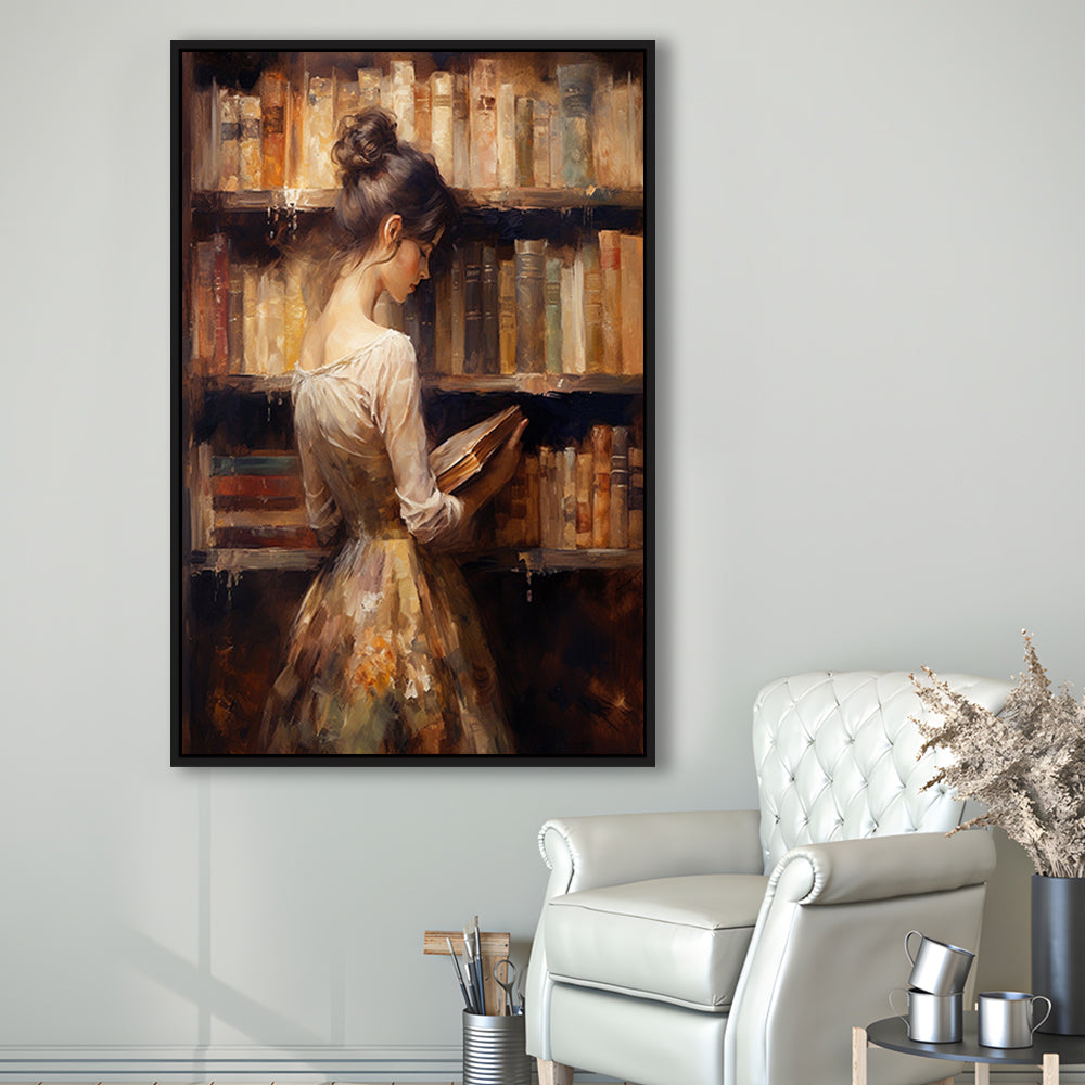 Woman in Library Oil Painting Old Books Vintage Style Art Study, Framed Canvas Print Wall Art, Floating Frame