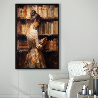 Woman in Library Oil Painting Old Books Vintage Style Art Study, Framed Canvas Print Wall Art, Floating Frame