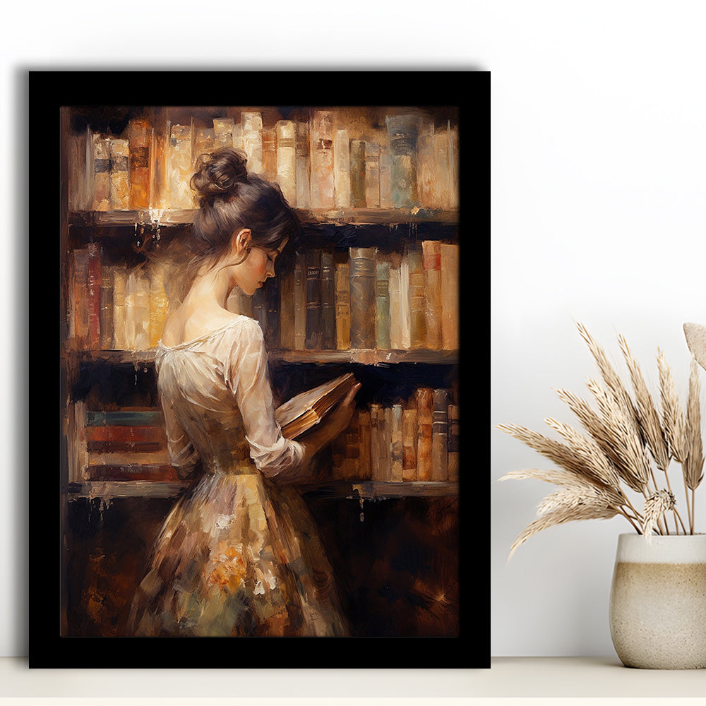 Woman in Library Oil Painting Old Books Vintage Style Art Study, Framed Art Print Wall Decor, Picture Framed