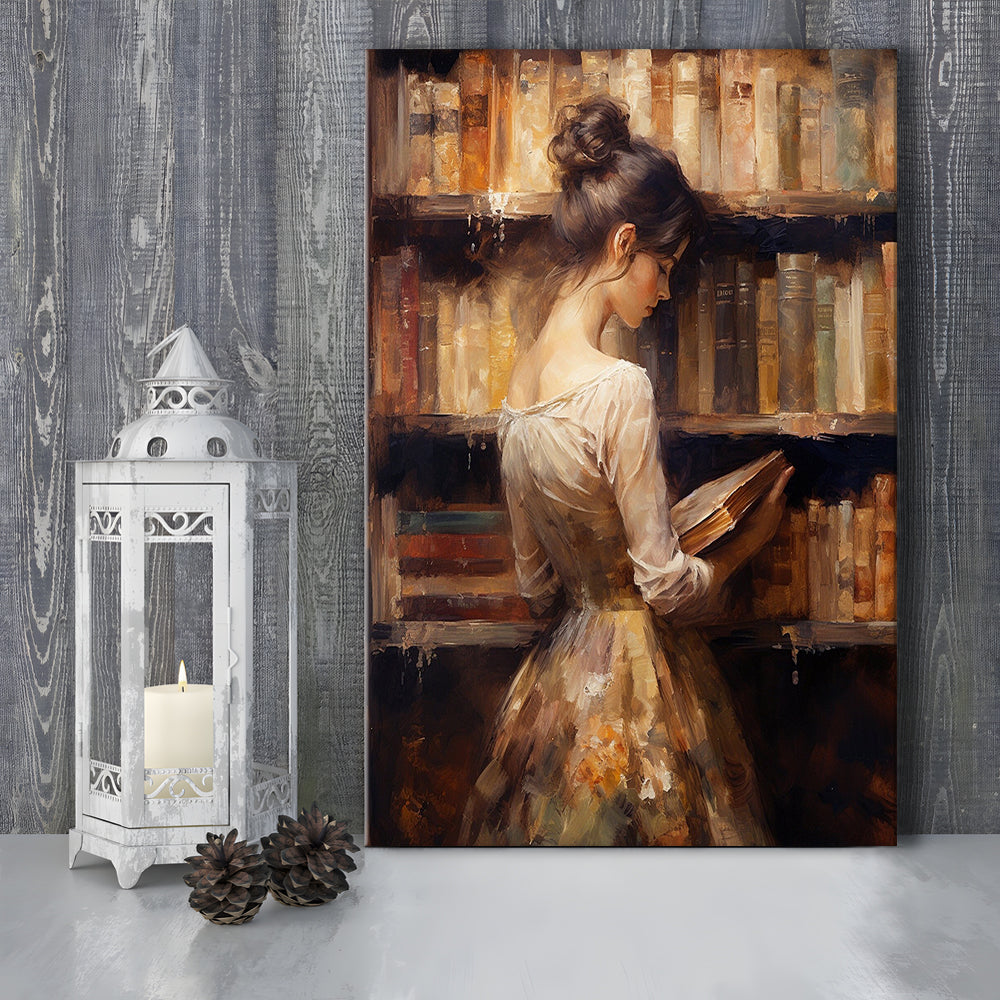 Woman in Library Oil Painting Old Books Vintage Style Art Study, Canvas Print Wall Art, Wall Decor, Painting Canvas