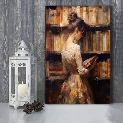 Woman in Library Oil Painting Old Books Vintage Style Art Study, Canvas Print Wall Art, Wall Decor, Painting Canvas
