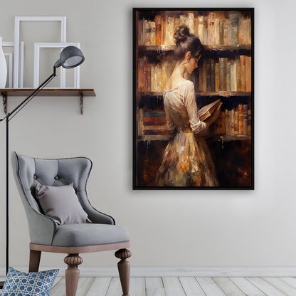 Woman in Library Oil Painting Old Books Vintage Style Art Study, Framed Canvas Print Wall Art, Floating Frame