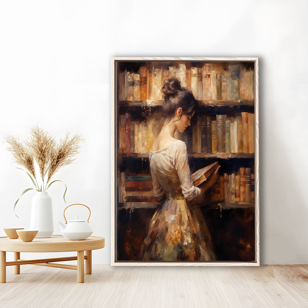 Woman in Library Oil Painting Old Books Vintage Style Art Study, Framed Canvas Print Wall Art, Floating Frame