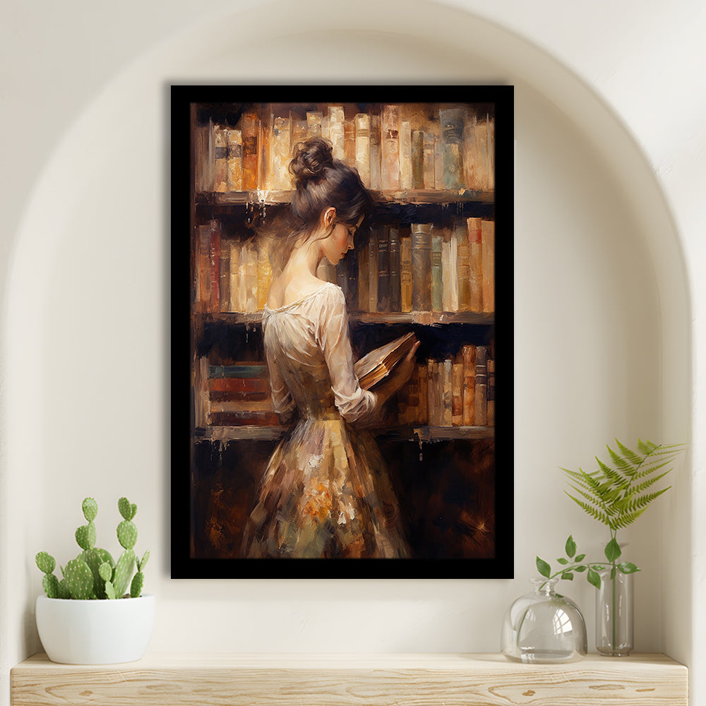 Woman in Library Oil Painting Old Books Vintage Style Art Study, Framed Art Print Wall Decor, Picture Framed