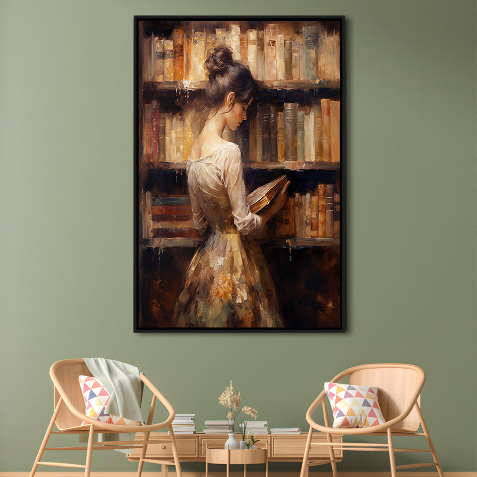 Woman in Library Oil Painting Old Books Vintage Style Art Study, Framed Canvas Print Wall Art, Floating Frame