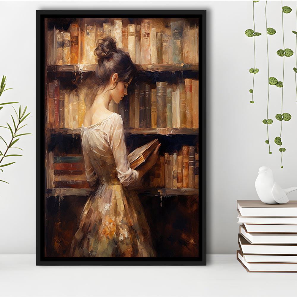 Woman in Library Oil Painting Old Books Vintage Style Art Study, Framed Canvas Print Wall Art, Floating Frame