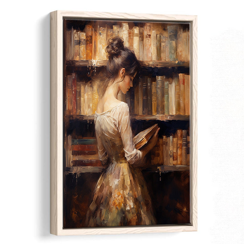 Woman in Library Oil Painting Old Books Vintage Style Art Study, Framed Canvas Print Wall Art, Floating Frame