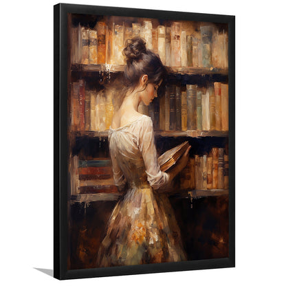 Woman in Library Oil Painting Old Books Vintage Style Art Study, Framed Art Print Wall Decor, Picture Framed