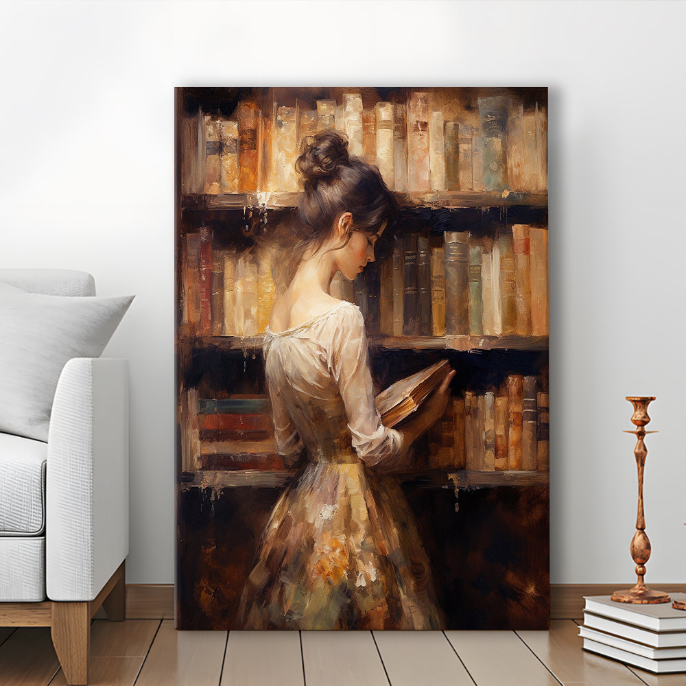 Woman in Library Oil Painting Old Books Vintage Style Art Study, Canvas Print Wall Art, Wall Decor, Painting Canvas