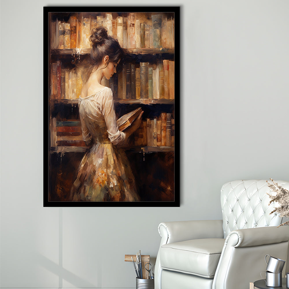 Woman in Library Oil Painting Old Books Vintage Style Art Study, Framed Art Print Wall Decor, Picture Framed