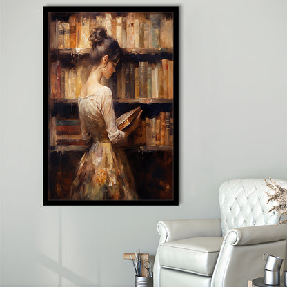 Woman in Library Oil Painting Old Books Vintage Style Art Study, Framed Art Print Wall Decor, Picture Framed