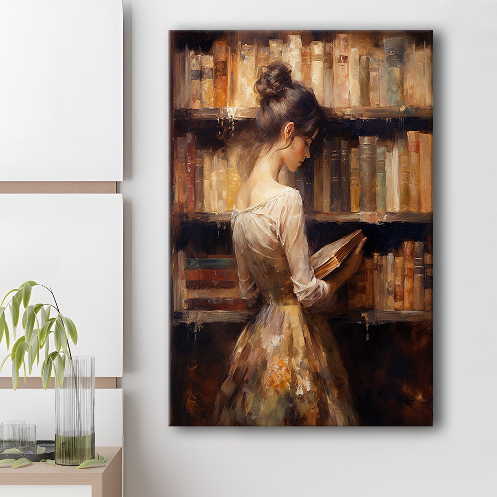 Woman in Library Oil Painting Old Books Vintage Style Art Study, Canvas Print Wall Art, Wall Decor, Painting Canvas