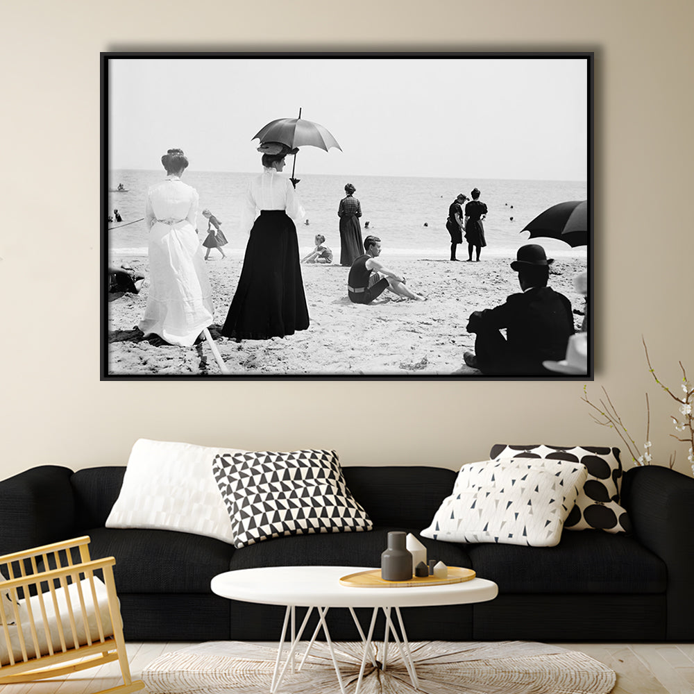 Woman with Umbrella Victorian Beach Photo Black and White Art, Floating Framed Canvas Print