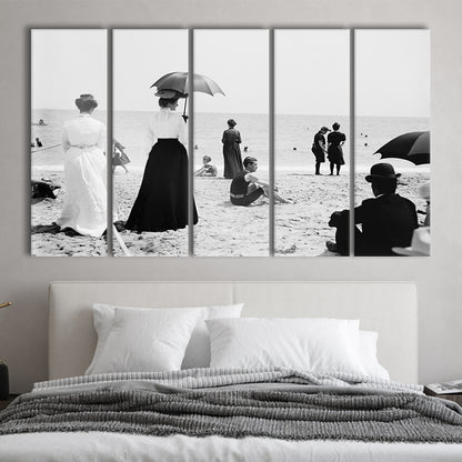 Woman with Umbrella Victorian Beach Photo Black and White Art, 5 Pieces Large Canvas Print