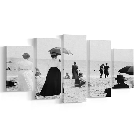 Woman with Umbrella Victorian Beach Photo Black and White Art, Mixed 5 Pieces Canvas Print