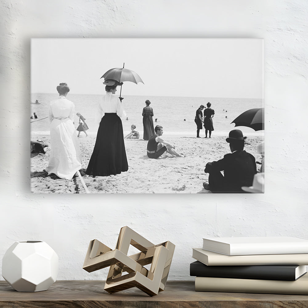 Woman with Umbrella Victorian Beach Photo Black and White Art, Canvas Print Wall Art Decor