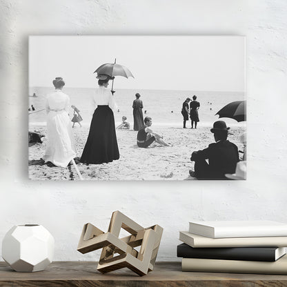 Woman with Umbrella Victorian Beach Photo Black and White Art, Canvas Print Wall Art Decor
