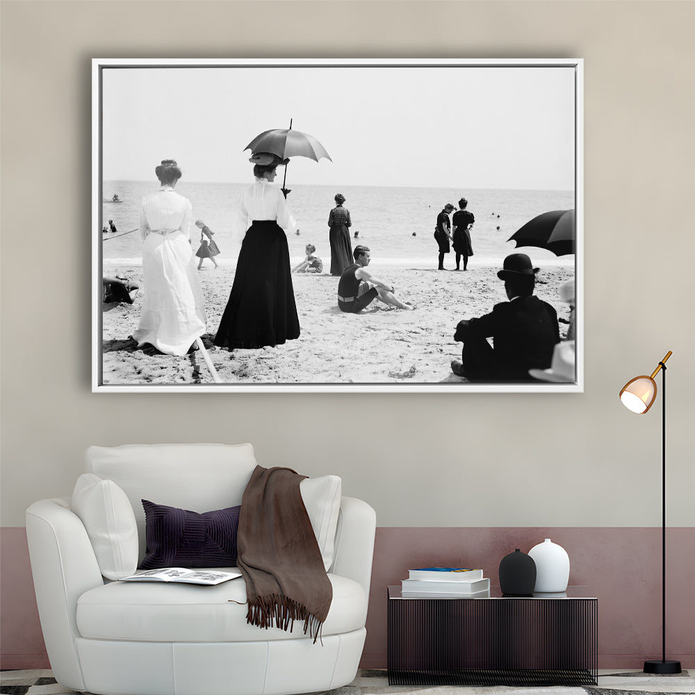 Woman with Umbrella Victorian Beach Photo Black and White Art, Floating Framed Canvas Print