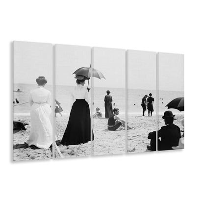 Woman with Umbrella Victorian Beach Photo Black and White Art, 5 Pieces Large Canvas Print